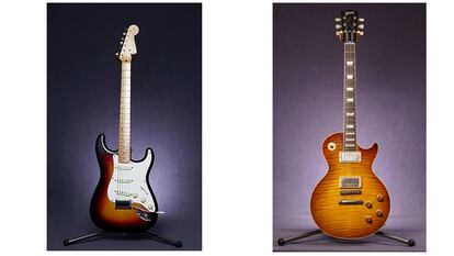 A Fender Stratocaster, do lado esquerdo. Uma Gibson Les Paul, no lado direito.
