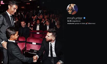 Cristiano junior saluda a Messi en presencia de su padre y publica la foto y el comentario en su Instagram.