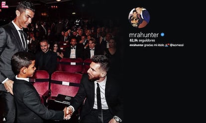 Cristiano junior saluda a Messi en presencia de su padre y publica la foto y el comentario en su Instagram.