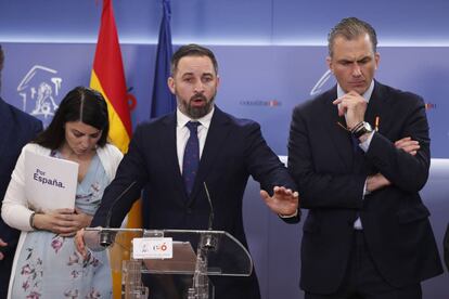 Macarena Olona, Santiago Abascal y Javier Ortega Smith, en el Congreso de los Diputados. 