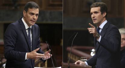 Pedro Sánchez y Pablo Casado, durante el pleno del Congreso. 