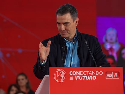 El secretario general del PSOE y presidente del Gobierno, Pedro Sánchez, este sábado en un acto de partido en Mérida.