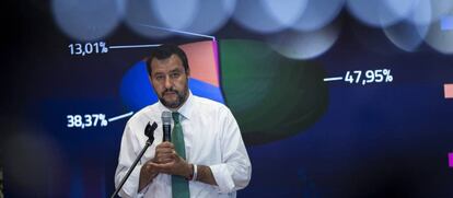El viceprimer ministro italiano, Mateo Salvini, tras las elecciones europeas de este domingo.