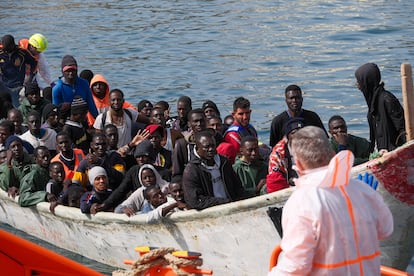 Llegada de un cayuco con 158 inmigrantes a bordo al puerto de Arguineguín el pasado 28 de julio.