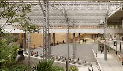 Interior del futuro Palacio de Congresos de Fira de Barcelona, en lo que hoy es el Palacio Alfons XIII, tal y como lo ha ideado el equipo ganador del concurso de arquitectura, Umbracle, en una imagen virtual.