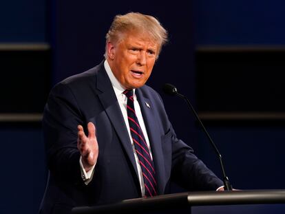 President Donald Trump speaks during the first presidential debate with Democratic presidential candidate former Vice President Joe Biden Tuesday, Sept. 29, 2020, at Case Western University and Cleveland Clinic, in Cleveland. (AP Photo/Patrick Semansky)