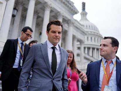 U.S. Representative Matt Gaetz (R-FL) speaks with reporters as he departs after a series of failed votes on spending packages at the U.S. Capitol ahead of a looming government shutdown in Washington, U.S. September 29, 2023.  REUTERS/Jonathan Ernst
