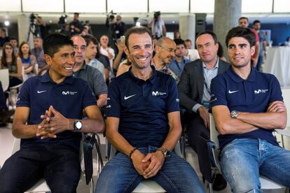 Nairo, Valverde y Landa, el lunes, en la sede de Telefónica.