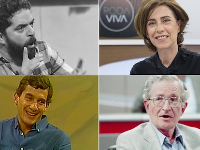 Lula, antes de ganar su primera elección, la actriz Fernanda Torres, el piloto Ayrton Senna y el intelectual estadounidense Noam Chomsky, en el programa 'Roda Viva'.