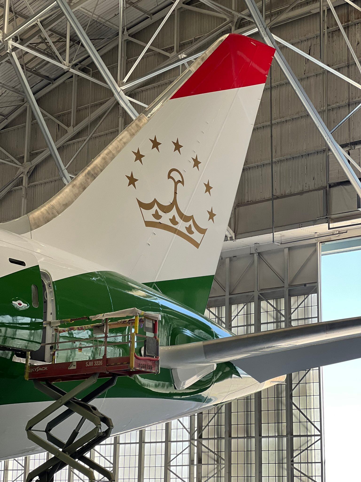 La cola del avión con el emblema nacional de Tayikistán.