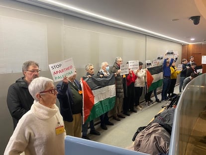 Impulsores de la iniciativa ciudadana se manifiestan durante la comisión con banderas palestinas y pancartas contra el 'apartheid'.