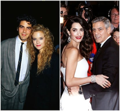 George Clooney y la también actriz Kelly Preston en un estreno en 1988. A la derecha, el actor con su mujer Amal en uan de sus últimas apariciones en una alfombra roja.