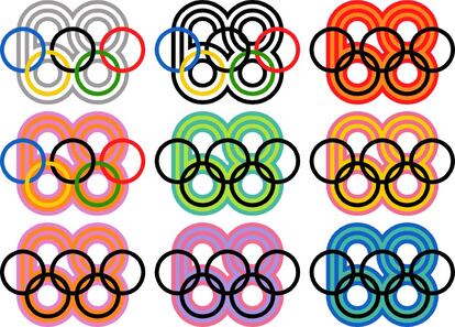 Diferentes estudios de color del logo olímpico elaborados en 1967 y posteriormente reconstruidos de forma digital.