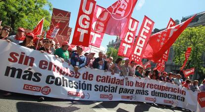 Cabecera de la manifestación del 1 de mayo celebrada el pasado ejercicio en Madrid.