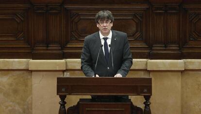 El presidente de la Generalitat, Carles Puigdemont, en la segunda jornada del pleno.