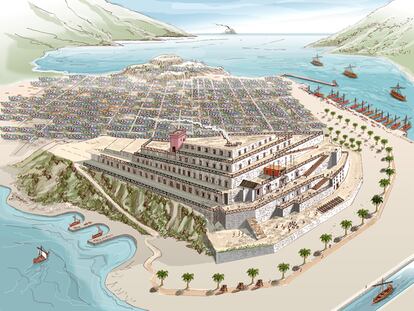 Reconstrucción idealizada del palacio de Asdrúbal en Cartagena que aparece en el libro de Iván Negueruela.
