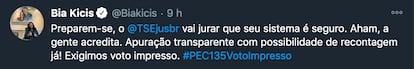Tuite da deputada Bia Kicis, no qual ela insinua falta de lisura do TSE