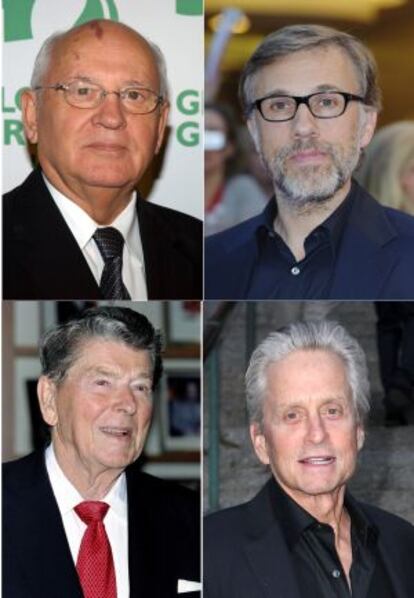 Combo de imágenes de Gorbachov, Christoph Waltz, Reagan y Michael Douglas.