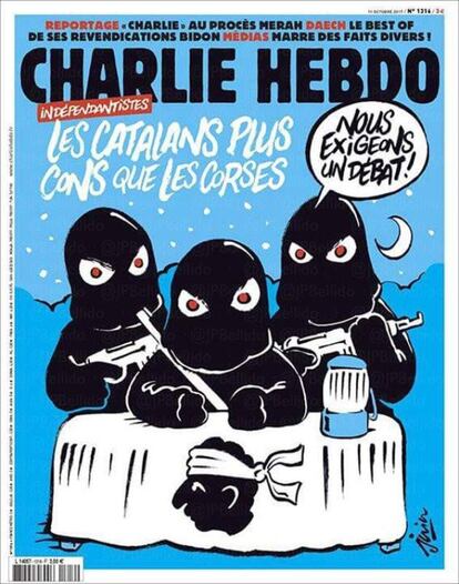 La revista satírica francesa 'Charlie Hebdo' dedica la portada de su número de esta semana al independentismo catalán. El titular "Los independentistas catalanes, más tontos que los corsos" acompaña una ilustración en la que aparecen tres encapuchados armados sobre una mesa con una bandera de Córcega, región francesa en la que también hay un fuerte movimiento nacionalista. "Exigimos un debate", dicen los encapuchados. 'Charlie Hebdo' se ha convertido en trending topic en España.