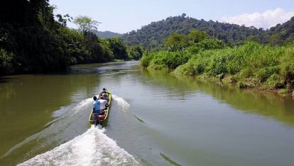 Lancheros bri bri lleva a un grupo de visitantes hasta su aldea remontando el río Yorkín, al sur de Costa Rica