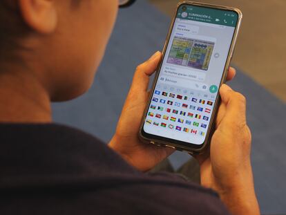 Una mujer mira los emojis de las banderas de Whatsapp.