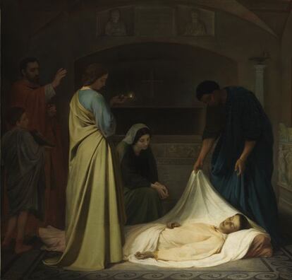 'Entierro de san Lorenzo en las Catacumbas de Roma', Alejo Vera. Óleo sobre lienzo, 224 x 233 cm. 1862