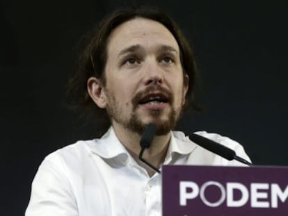 El l&iacute;der de Podemos, Pablo Iglesias, interviene durante el acto de clausura de la Asamblea Ciudadana ayer.