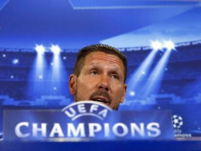 Simeone, durante la rueda de prensa previa al partido de Champions con el Leverkusen.