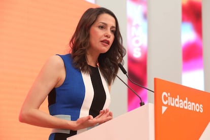 Inés Arrimadas of Ciudadanos gives a news conference on Monday.