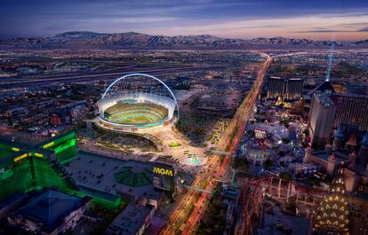 This rendering provided by the Oakland Athletics on May 26, 2023, shows a view of their proposed new ballpark at the Tropicana site in Las Vegas.