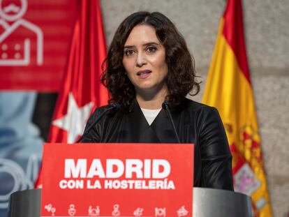 La presidenta de la Comunidad de Madrid, Isabel Díaz Ayuso, durante el acto "Madrid con la hostelería" celebrado este 6 de noviembre.