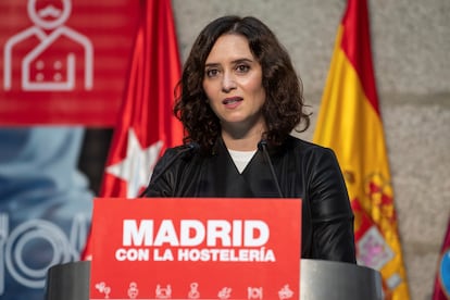 La presidenta de la Comunidad de Madrid, Isabel Díaz Ayuso, durante el acto "Madrid con la hostelería" celebrado este 6 de noviembre.