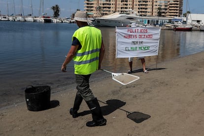 Un trabajador municipal camina cerca de un hombre que sostiene una pancarta en la que se lee "Políticos, habéis dejado morir el mar Menor", en Puerto Bello de la Manga, cerca de Murcia, el pasado 25 de agosto.