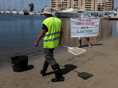 Un trabajador municipal camina cerca de un hombre que sostiene una pancarta en la que se lee "Políticos, habéis dejado morir el mar Menor", en Puerto Bello de la Manga, cerca de Murcia, el pasado 25 de agosto.