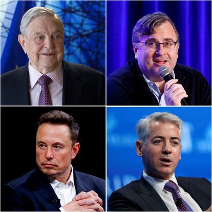 De izquierda a derecha y de arriba a abajo, George Soros, Reid Hoffman, Elon Musk y Bill Ackman.