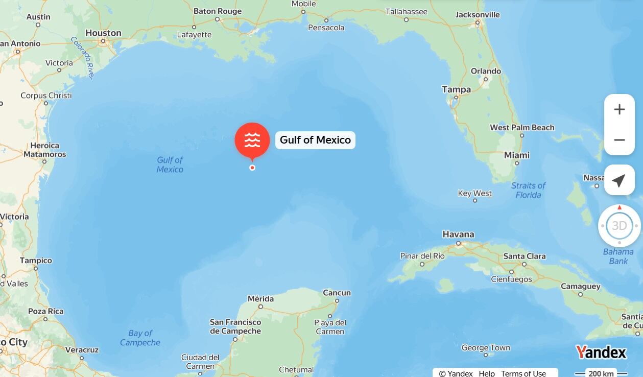 Una captura de pantalla del Golfo de México desde Yandex, el 12 de febrero de 2025.