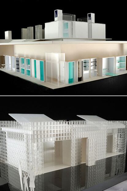 Maqueta de la casa Solarkit que propone la Universidad de Sevilla. Abajo, casa On&On del equipo de la Universidad Politécnica de Valencia.