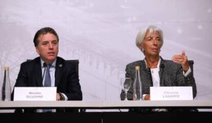 La titular del FMI, Christine Lagarde, durante la rueda de prensa junto al ministrso de Economía de Argentina, Nicolás Dujovne.