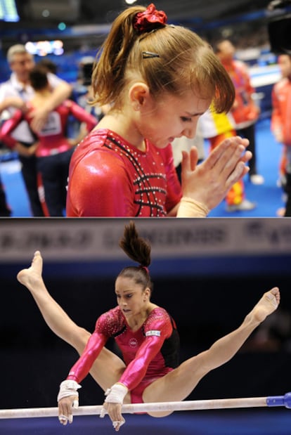 Arriba, la rusa Komova llora tras conocer la nota final. Abajo, la estadounidense Wieber en una suelta en paralelas.