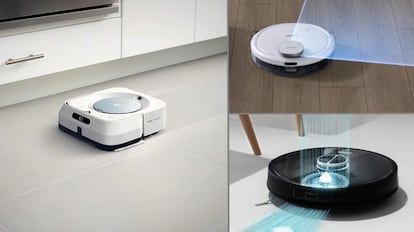 A la izquierda, el robot mejor valorado: iRobot Braava Jet m6. A la derecha, arriba, el Ecovacs Deebot Ozmo 900 y, debajo, el modelo Conga 4090 de Cecotec.