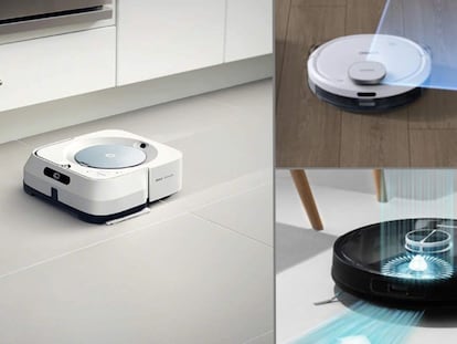 A la izquierda, el robot mejor valorado: iRobot Braava Jet m6. A la derecha, arriba, el Ecovacs Deebot Ozmo 900 y, debajo, el modelo Conga 4090 de Cecotec.