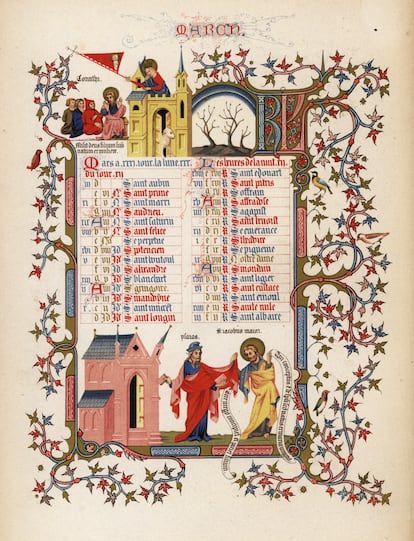 Calendario de marzo en un Libro de las Horas del Duque de Anjou, de 1380.