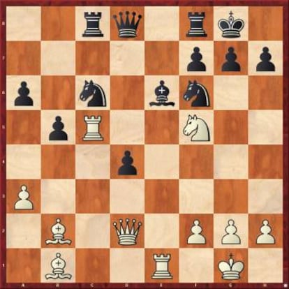 Punto culminante de la primera partida de la sexta manga. Carlsen incendia el tablero con Cxg7!!