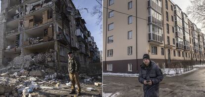 Un hombre permanecía frente a los escombros de un complejo de apartamentos gravemente dañado por un ataque ruso el 18 de marzo de 2022 en Kiev. A la derecha, un peatón pasaba junto al mismo edificio reconstruido tras los ataques rusos, el día 11 de este mes en la capital ucrania. 