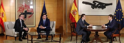 A la izquierda, reunión entre Rajoy y Rivera el 11 de febrero. A la derecha, su encuentro del 3 de agosto.
