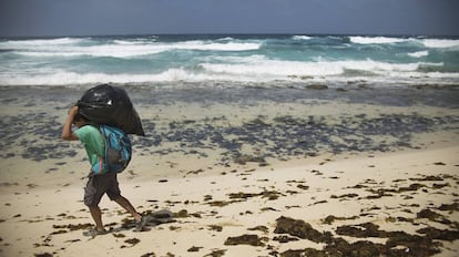 Un hombre carga con basura en la playa del Ámbar (Gran Canaria).