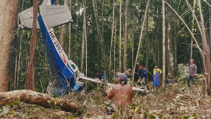La avioneta accidentada en la selva de Guaviare, cuando fue descubierta en junio de 2023.