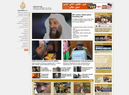 Imagen de la 'web' del canal de televisión árabe 'Al Jazeera', en la que se da la noticia del nuevo mensaje de voz supuestamente transmitido por Bin Laden