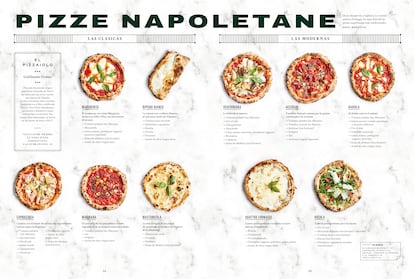 Doble página de Pizze Napoletane, con diez de las pizzas napolitanas más tradicionales, elaboradas por el pizzaiolo Guillaume Grasso. Pertenece al libro 'Sabores de Italia', de François-Régis Gaudry. 'Tutta la cucina italiana' (Editorial Cinco Tintas).
