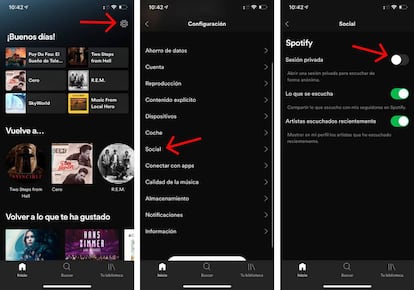 Activa sesiones privadas en Spotify.